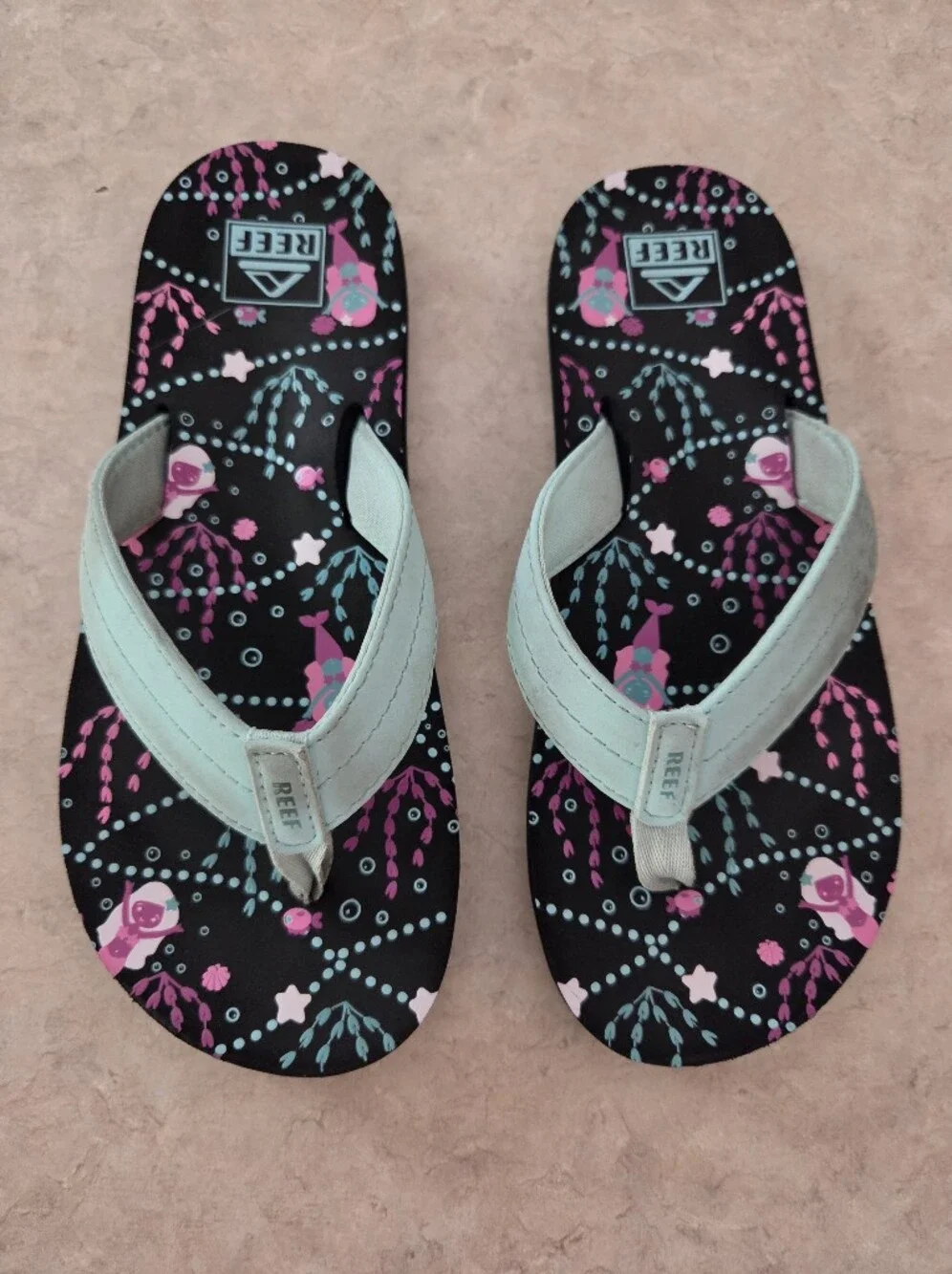 Reef Kids Mint Strap Flip Flops with Black Mermaid Print